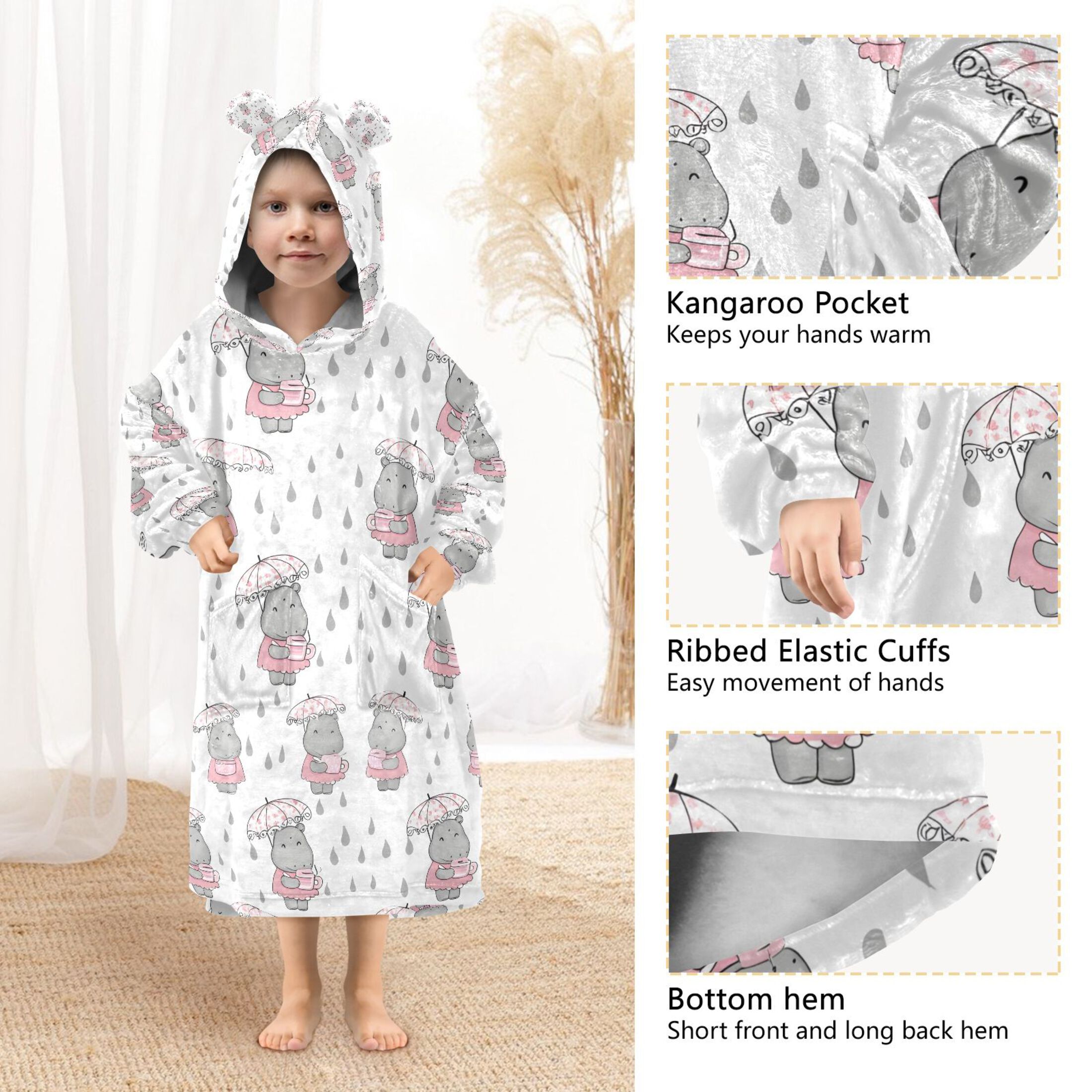 joogoo Blanket Hoodie for Cartoon Hippo in Rain Oversize Sweatshirt 3-14 YR L