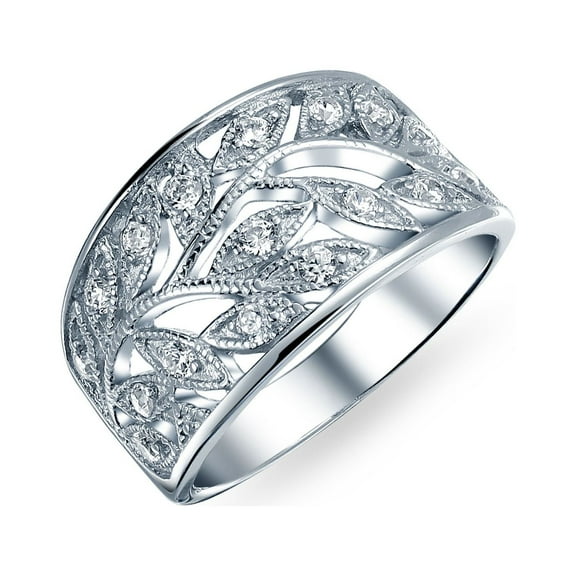 Bling Jewelry Womens Pave Cubic Zirconia Open Filigree Wide Leaves Leaf Band Ring Sterling Silver