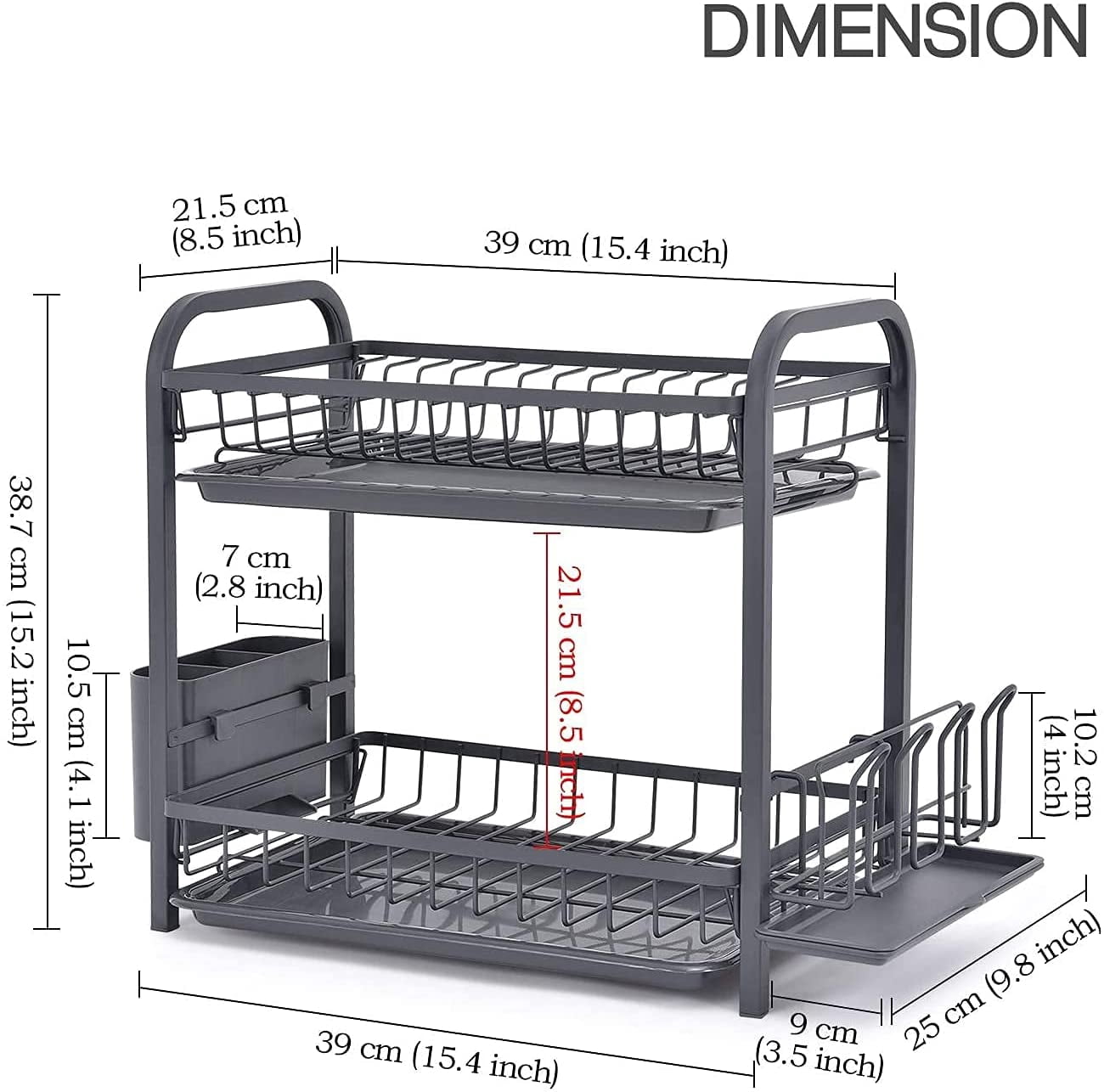 Dish Drying Rack, KK KINGRACKE Large 2-Tier Dish Rack with Drainboard Set for Kitchen Counter, Black