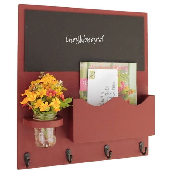Mail Organizer with Chalkboard, One Large Magazine / Mail Slot, Key Hooks & Mason Jar