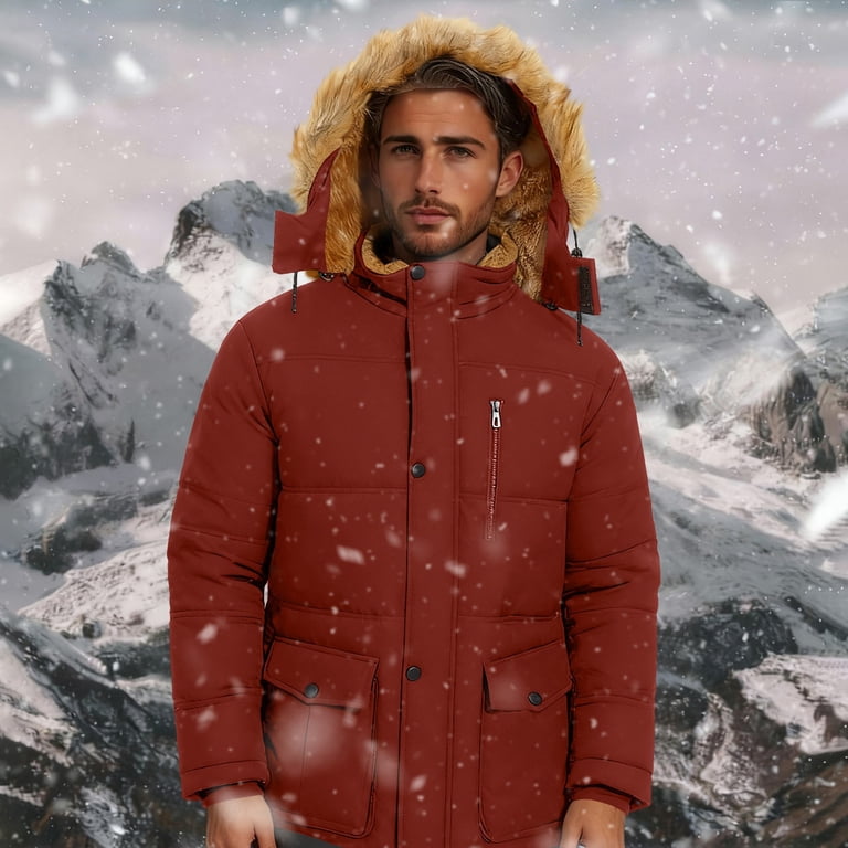 USNSM Men’s Winter Jacket Thicken Warm Fleece Lined Hoodie Water Repellent  Windproof Parka Padded Coat with Pockets Red XL