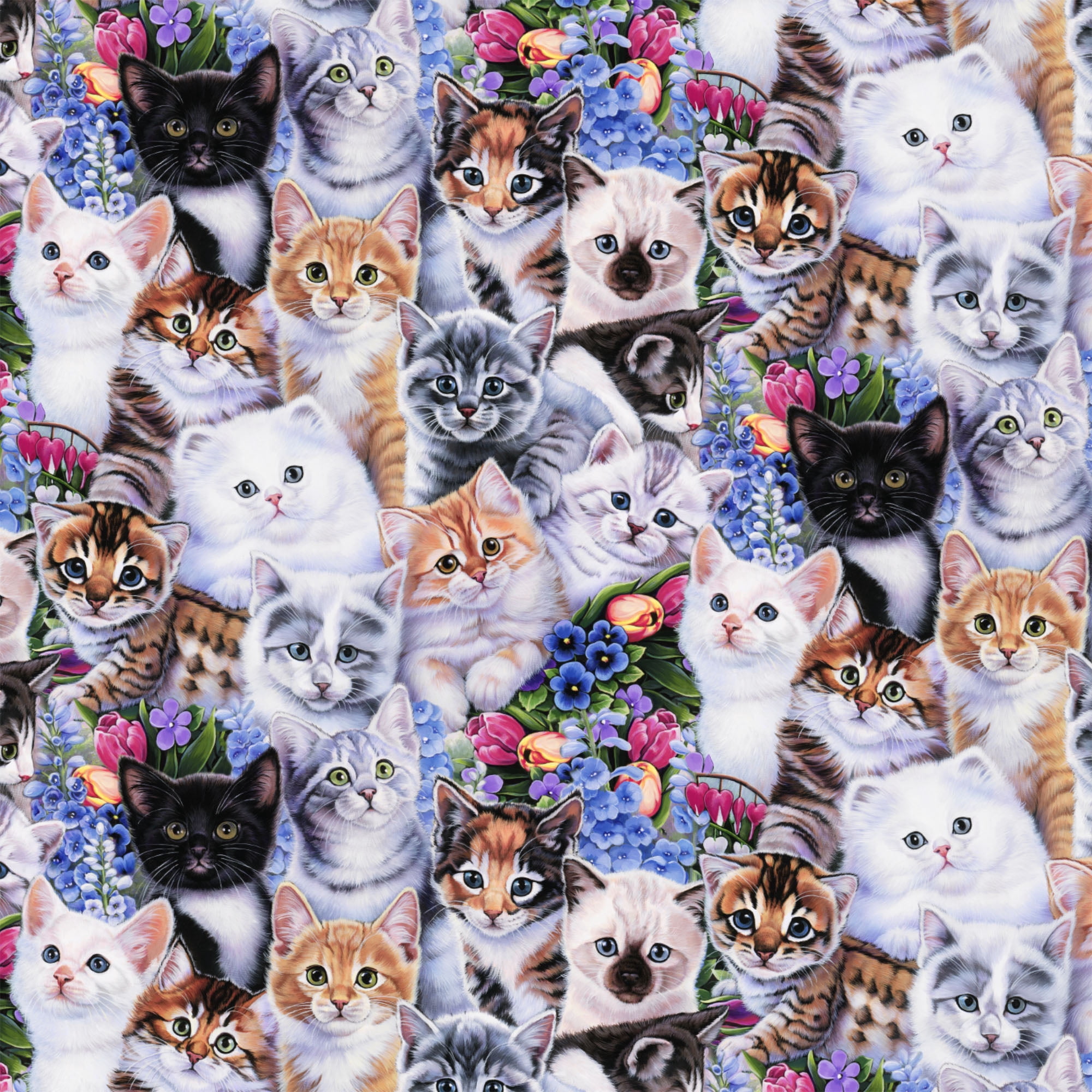 1 Yard 100% Cotton Kittens and Flowers, Multi-color, 44" Wide for Quilting & Sewing by David Textiles