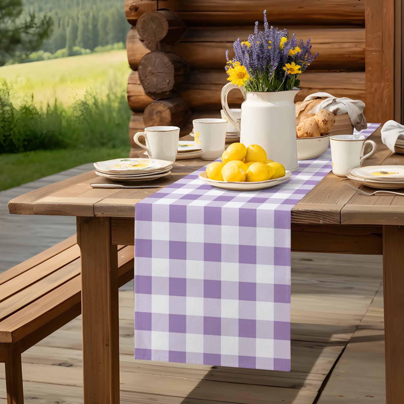 Farmhouse Buffalo Tartan Plaid Table Runner 90 Inches Long, Purple and White Table Runners Tabletop Scarf Kitchen Dining Tables Decoration for Home Party Indoor Outdoor