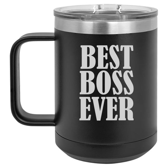 15 oz Tumbler Coffee Mug Travel Cup With Handle & Lid Vacuum Insulated Stainless Steel Best Boss Ever (Black)