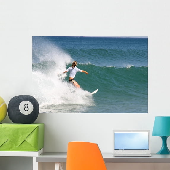 Girl Surfer Wall Mural Decal by Wallmonkeys Vinyl Peel and Stick Graphic (36 in W x 24 in H)