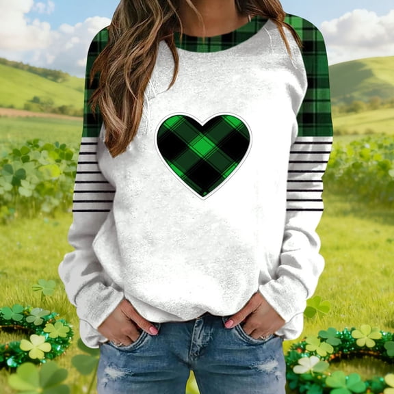 LEKWK Womens Graphic T Shirts Pixelated Checkered Heart Round Neck Long Sleeve St Patricks Day Shirt Green Plaid Patchwork Color Block Festival Top