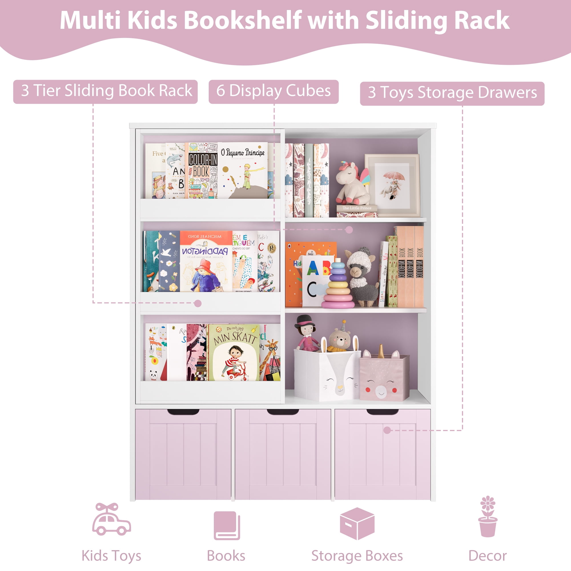 Homfa 6 Cube Toy Storage, Cube Organizer with Sliding Rack, 3 Drawer Kids Bookcase and Bookshelf, Pink