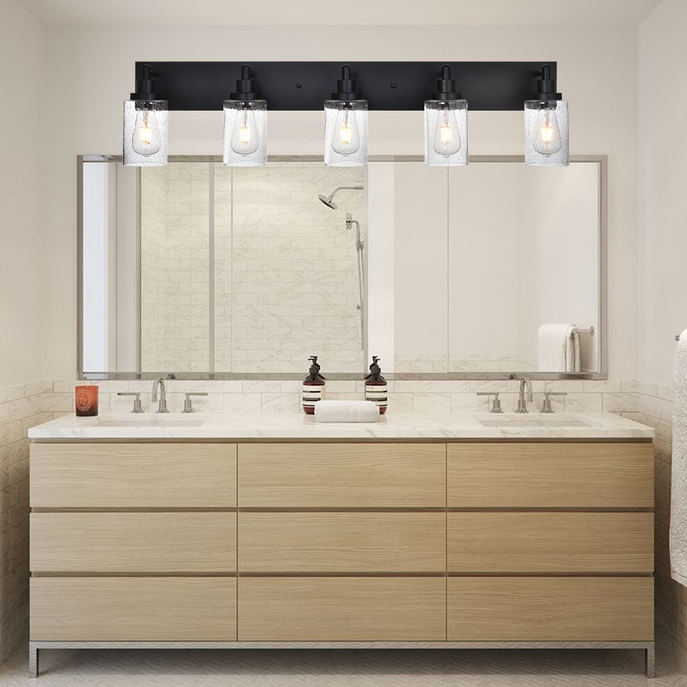MELUCEE 5-Light Farmhouse Bathroom Light Fixtures Black Finish with Seeded Glass Shade