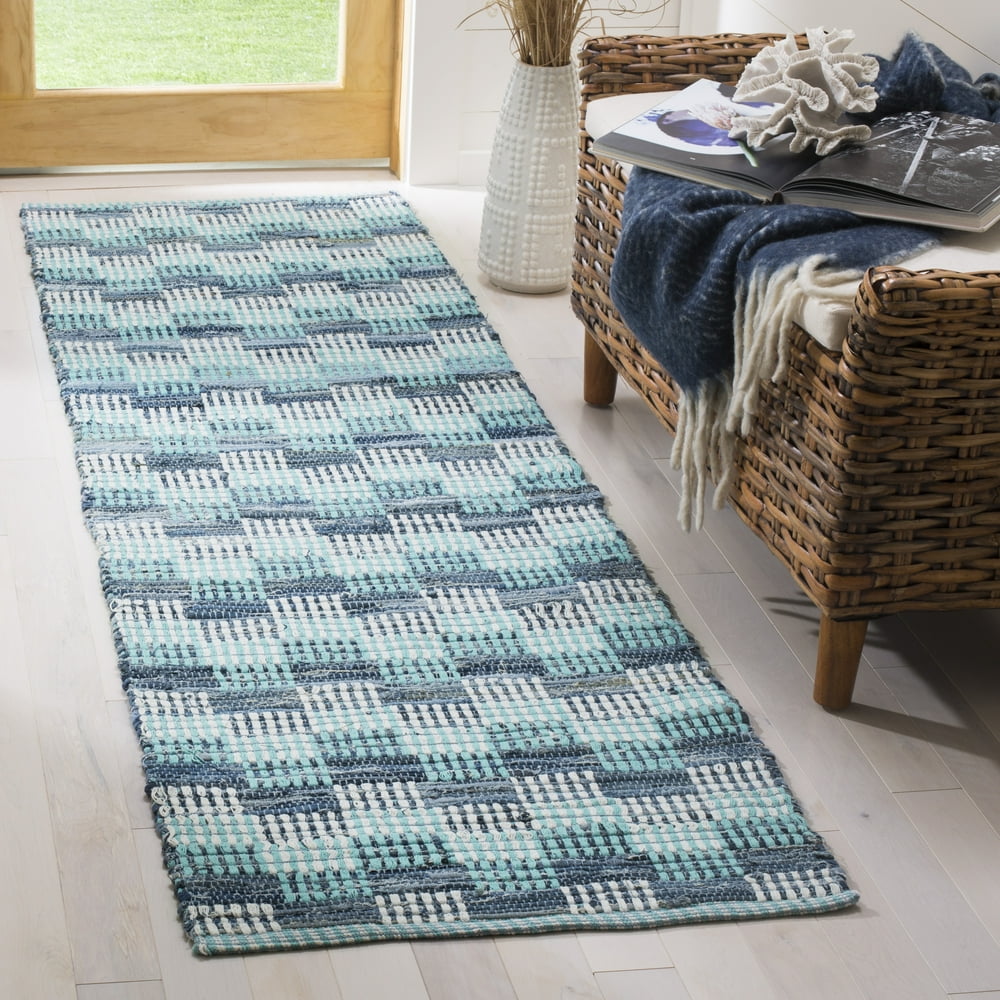 SAFAVIEH Montauk Irving Geometric Squares Cotton Runner Rug, Turquoise