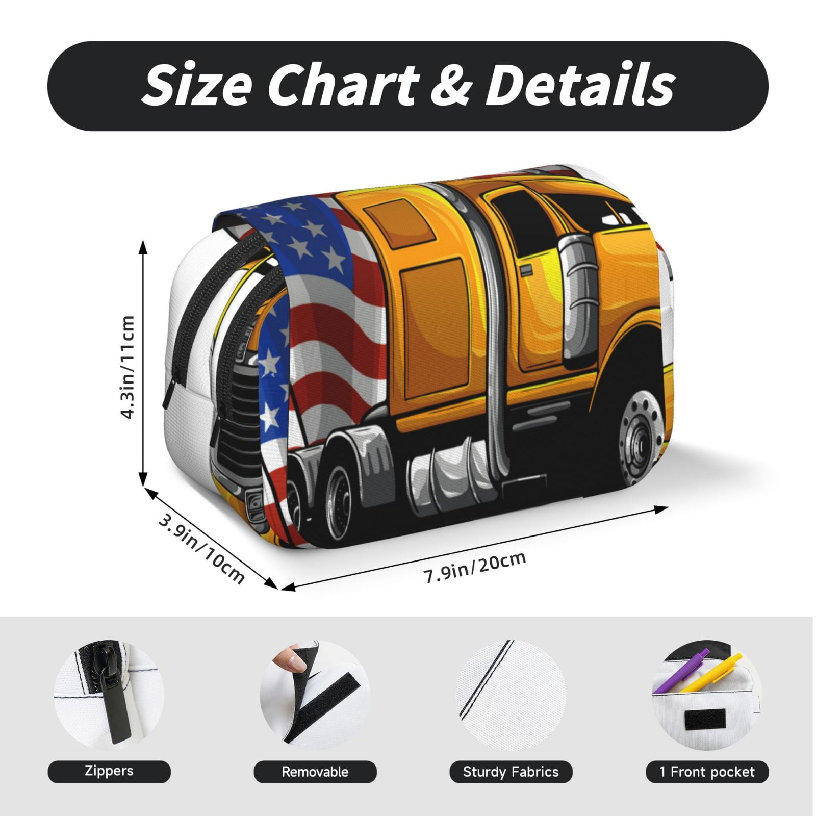 Rateoe American Truck Pattern Double Clamshell Pen Case, Storage Organizer with Two Zipper Compartments– Holds Up to 50 Pencils & Pens