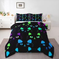 Homewish Kawaii Animal Black Cat Full Size Comforter Sets 3-Piece for Teens,Cartoon Pets Bedding Comforter Set,Abstract Gradient Lightweight Bedding Sets,Ultra Soft Home Decor,Reversible
