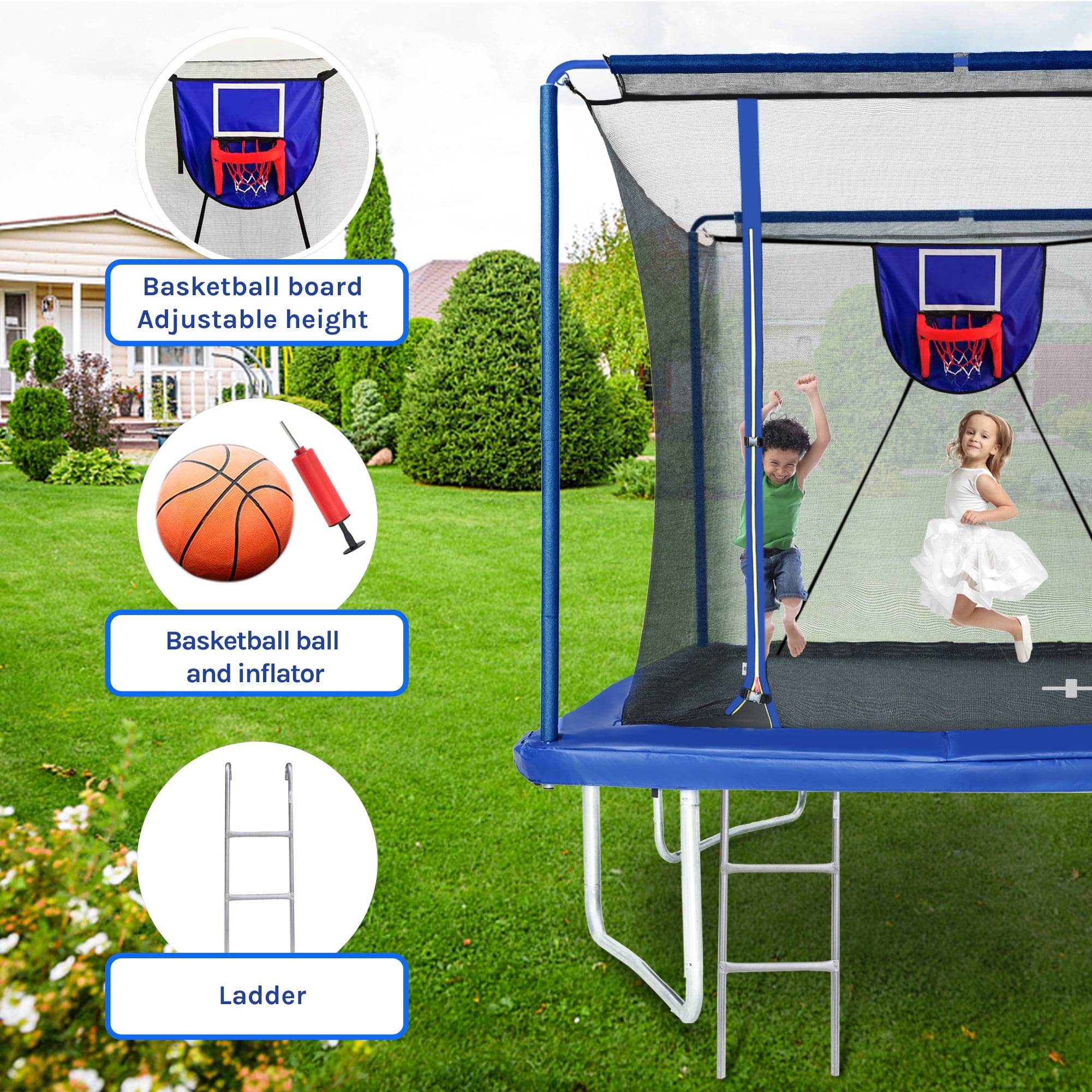 8ft by 12ft Rectangular Trampoline with Basketball Board, Ball Inflater and Ladder, Blue, ASTM Standard Tested