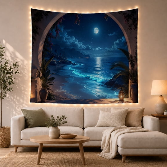 Tropical Night Moonlit Archway Beach Scene, Tranquil Coastal View for Nature Lovers, Seaside Wall Art, Housewarming Gift Tapestry Wall Hanging for Bedroom, Living Room and Dorm
