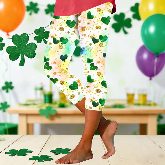 TaTaai St Patrick's Day Random Printed Elastic Women High Waisted Yoga Capri Leggings Stretchy Non-see-through Fashion Casual Gym Daily Cropped Bottoms Gift