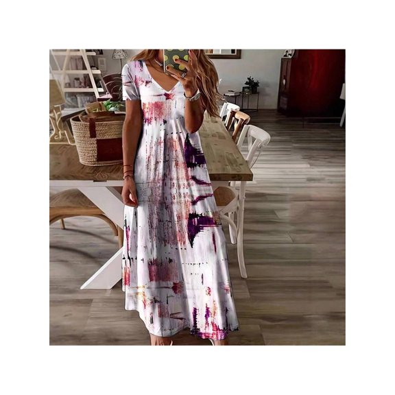 Women Elegant Abstract Print Short Sleeve V-Neck Dress Summer Red