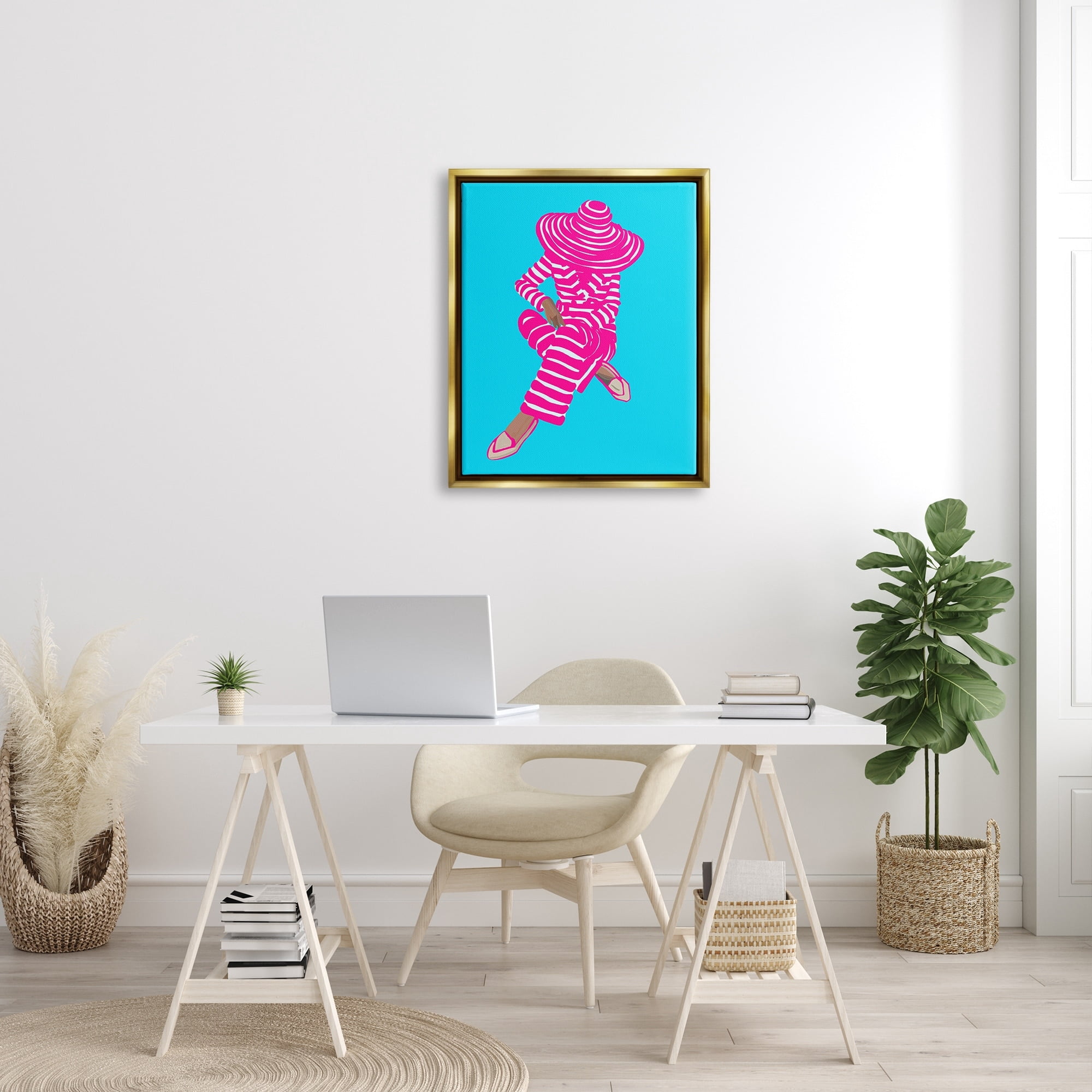 Stupell Industries Stripe Pattern Pop Style Fashion Woman Sitting Graphic Art Metallic Gold Floating Framed Canvas Print Wall Art, Design by Amelia Noyes