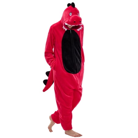 JUOLOET Unisex Adult Onesie Pajamas Dinosaur Animal One Piece Snug Fit Sleepwear Homewear(Red Black Dinosaur,XX-Large)