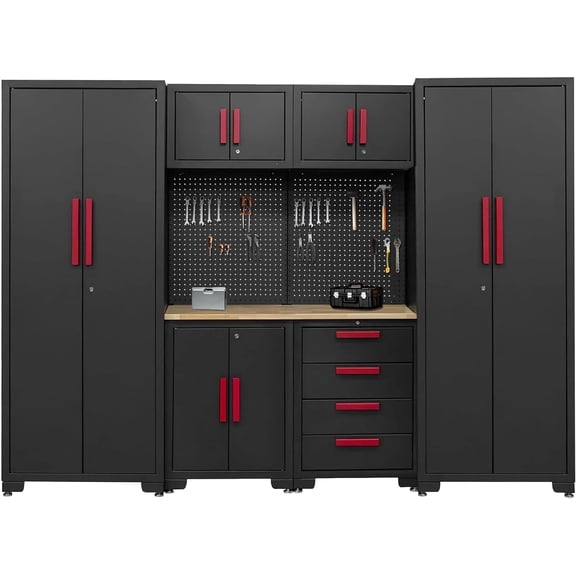 HPDMC Garage Storage Cabinet System, 8PCS Garage Cabinets and Storage System Corner Workshop Set with Corner Cabinet, Cabinet Drawers, Workbench, Pegboard for Tool Organization