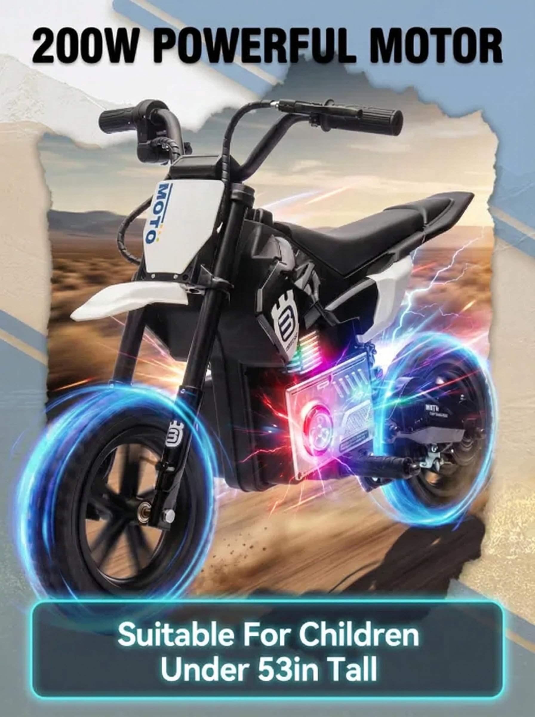 NovaDrive 24V Kids Ride On Electric Motocross Motorcycle with 200W High Speed Hub Motor, Rear Wheel Shock Absorber, Adjustable Speed, LED Lights, Bluetooth Music, Speeds 3.11-9.32 MPH, Ages 5-12
