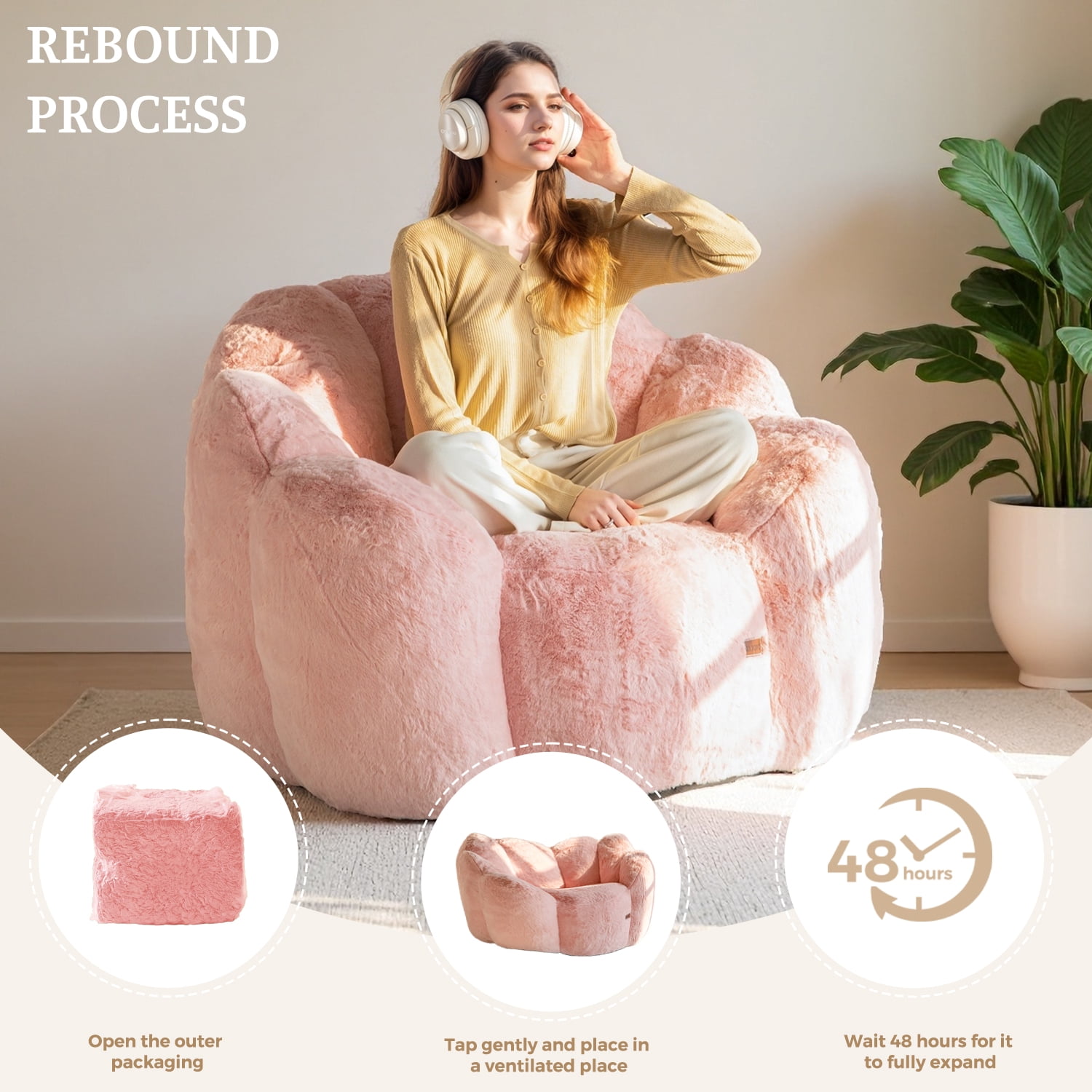 GOODONE Adult Bean Bag Chair,Flower Shaped Bean Bag Sofa,Super Soft Plush Reading Chair,High Elasticity Lazy Sofa,Suitable for Living Room and Bedroom,No Assembly Required,Pink,Single