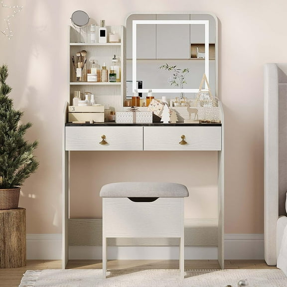 Vanity Desk with LED Light Mirror and Charging Station, Small Makeup Vanities Set with 2 Drawers, Vanity for Girls Women with Storage Stool, Vanity Table for Bedroom
