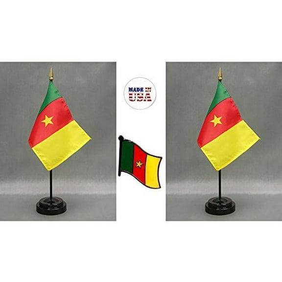 Cameroon Desk Flag Set; Two 4x6 inch American Made Table Flags with Two Bases
