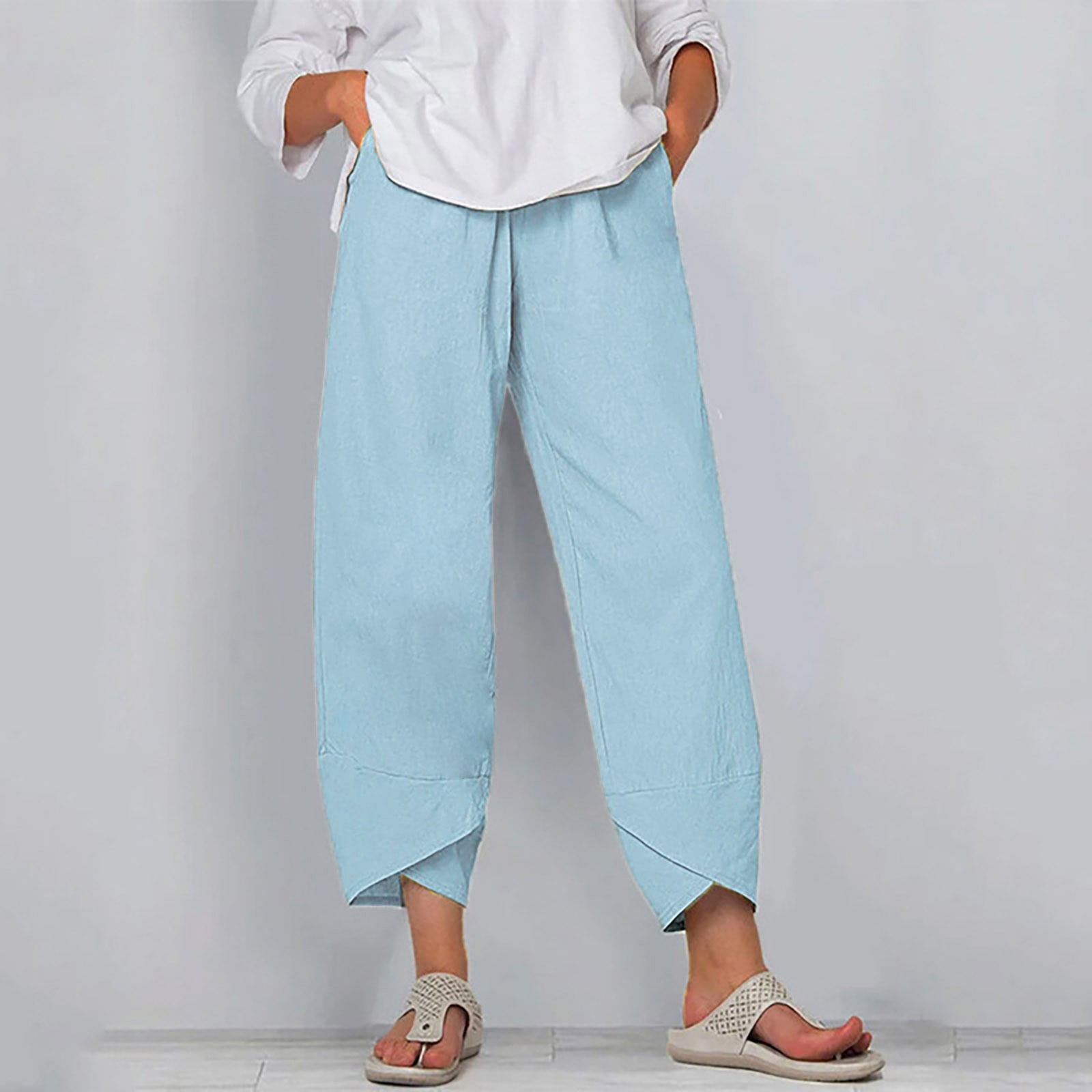 roliyen Summer Pants for Women Casual Pockets Cotton Linen Wide Leg ...