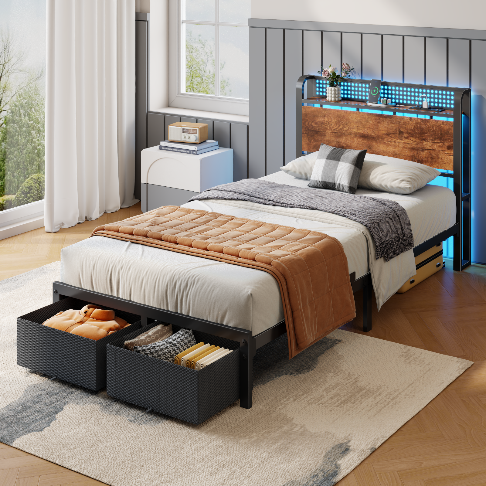 Satifur Twin Bed Frame with Storage and RGB LED Lighting photo 4