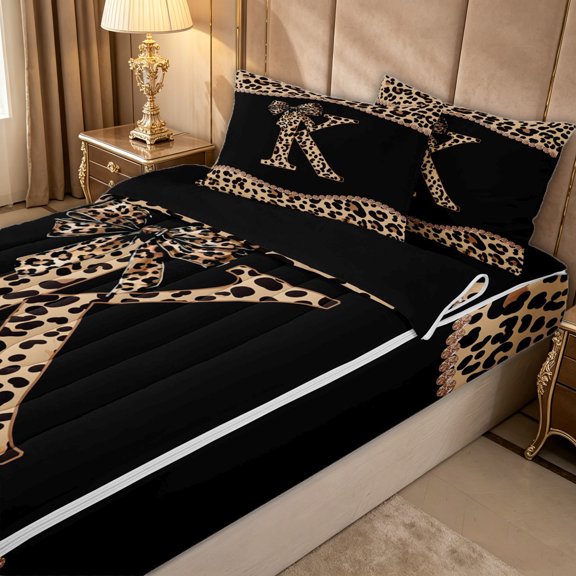 Erosebridal Brown K Letter Zipper Twin Comforter Sets with Fitted Sheet and 2 Pillowcases for Girls, Bow Bling Crystal Ribbon Zipper Bedding Set, Black Reversible, 4 Pieces