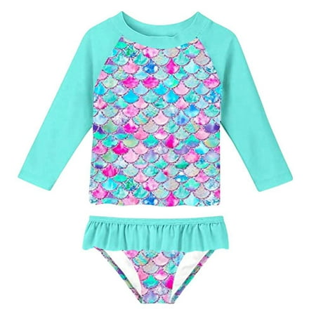 

Toddler Baby Girl Long Sleeve Sequins Swimwear UPF50+ Bathing Suits Bright Ruffle Swimsuit Kids Two Piece Beachwear