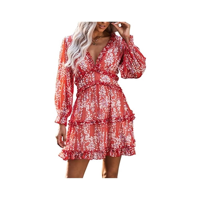 Robes Mini à Volants à Manches Longues pour Femmes, Dos Nu, Rouge, G