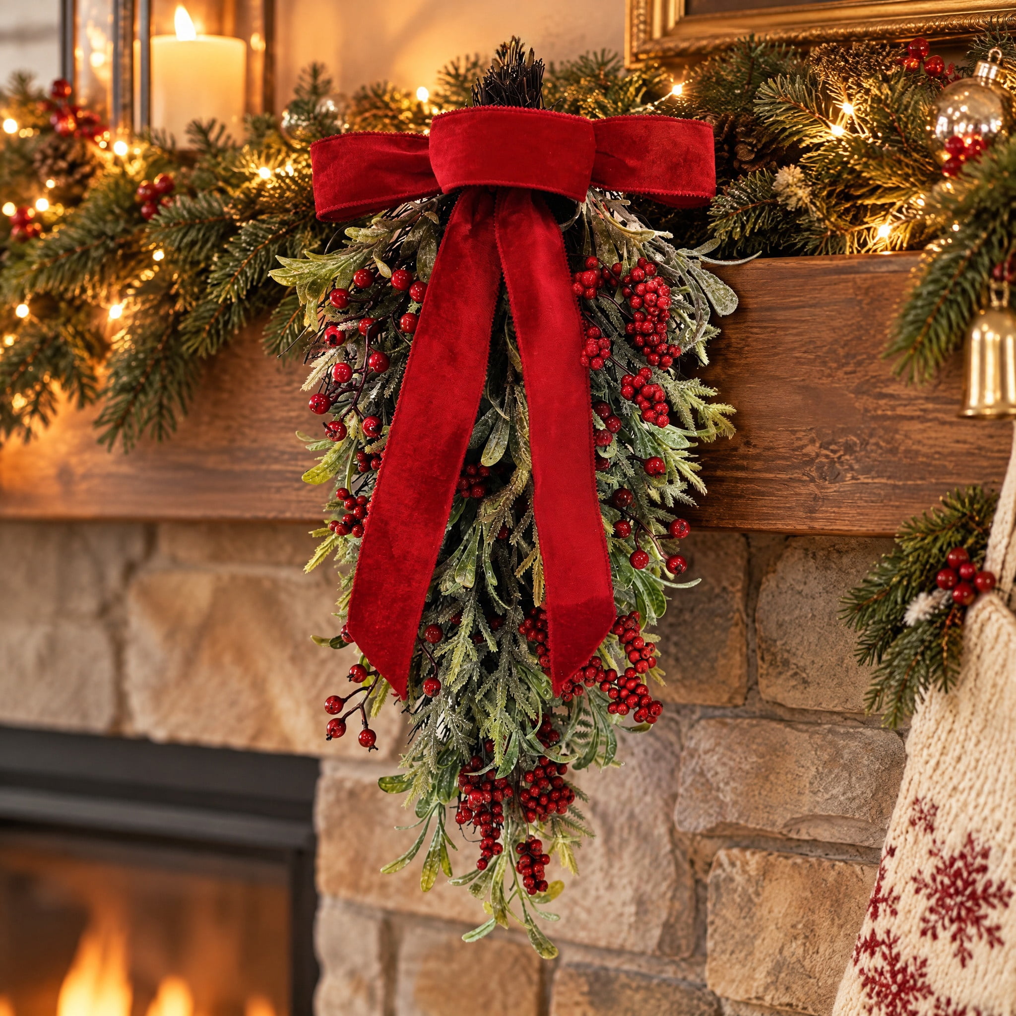 Frosted Greenery and Berry Artificial Christmas Swag with Velvet Bow, Green and Red, 24", by Holiday Time