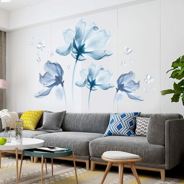 Wall Stickers DIY Blue Flower Butterfly Wallpaper Home Bedroom Decor