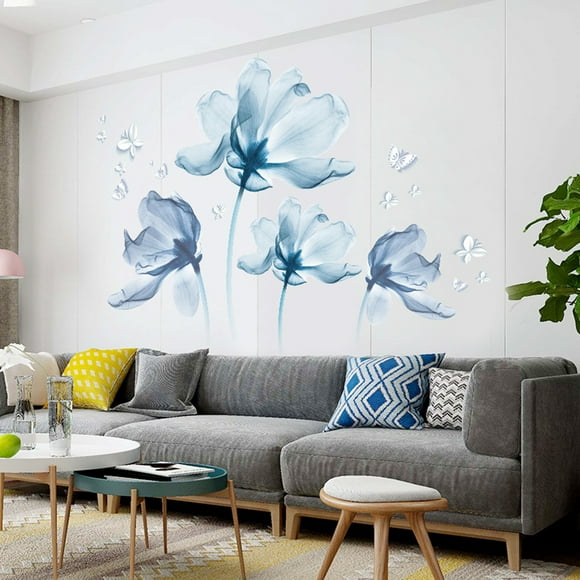 Stickers Muraux Bricolage Bleu Fleur Papillon Papier Peint Décoration de Chambre à Coucher