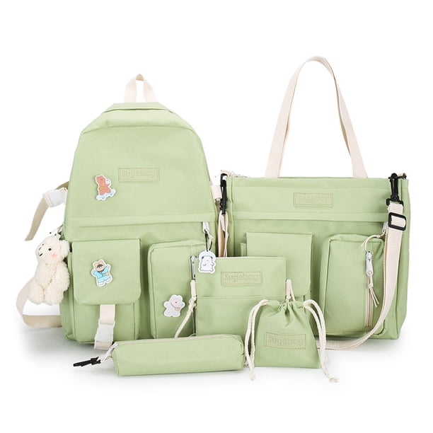 /set Mochila De Mujer Mochilas Escolares Casuales De Lona Para Vacaciones Verde 5 Piezas