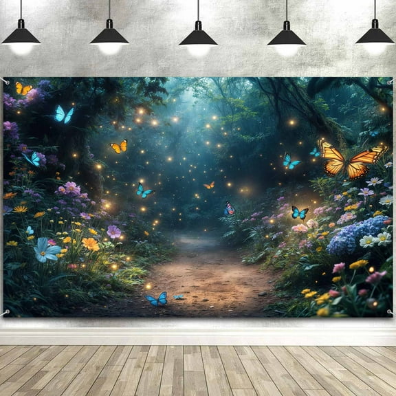 6 x 4 ft Enchanted Fantasy Misty Forest Backdrop Spring Fairytale Forest Flower Wonderland Background, Glitter Butterfly Princess Magic Theme Portraits Photo Props Party Decor Backdrop