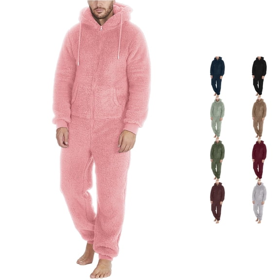 Men's Fleece Hooded Jumpsuit Zip Up Warm One Piece Pajama for Winter