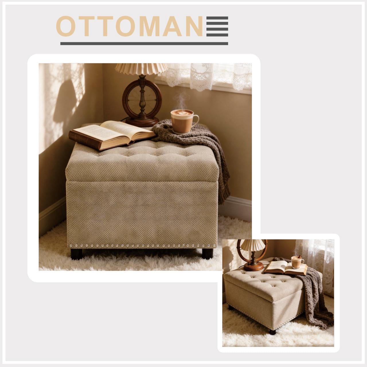 Tufted Storage Ottoman with Nailhead Trim, Square Footstool with Hidden Storage Compartment, Upholstered Coffee Table for Living Room, Bedroom, Camel