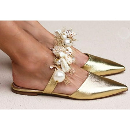 

Pearl Pointed Toe Shiny Flat Women Sandals