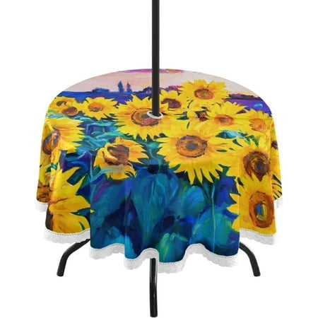 

Hyjoy Indoor & Outdoor Round Tablecloth 60In Beautiful Sunflower Flowers Floral Sunset Waterproof Tablecloth with Umbrella Hole and Zipper Party Patio Table Covers for Backyard /BBQ/Picnic