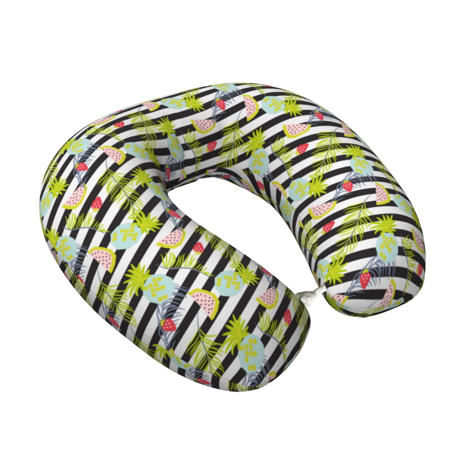 Xecao Striped With Palm Tree Branches Print Memory Foam Cervical Neck Pillow Versatile U-Shaped Pillows for Home,Office,Camping,Travelling,Soft Washable Cover