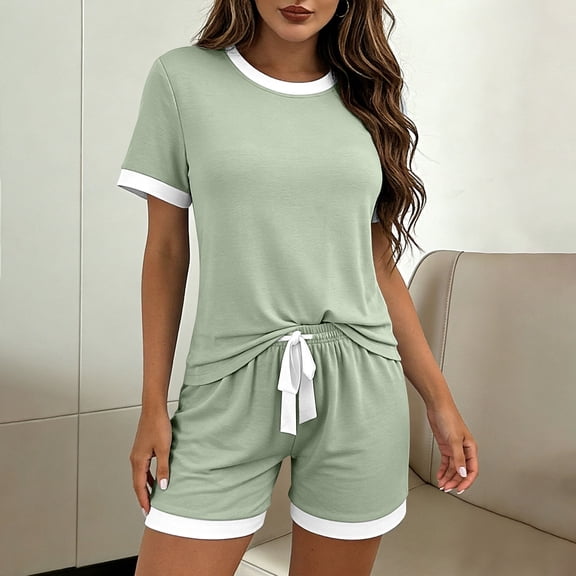 Short Set Women 2 Piece Loungewear Outfits Color Block Crew Neck T-Shirt with Drawstring Shorts Summer Comfortable Home Wear Green One Size