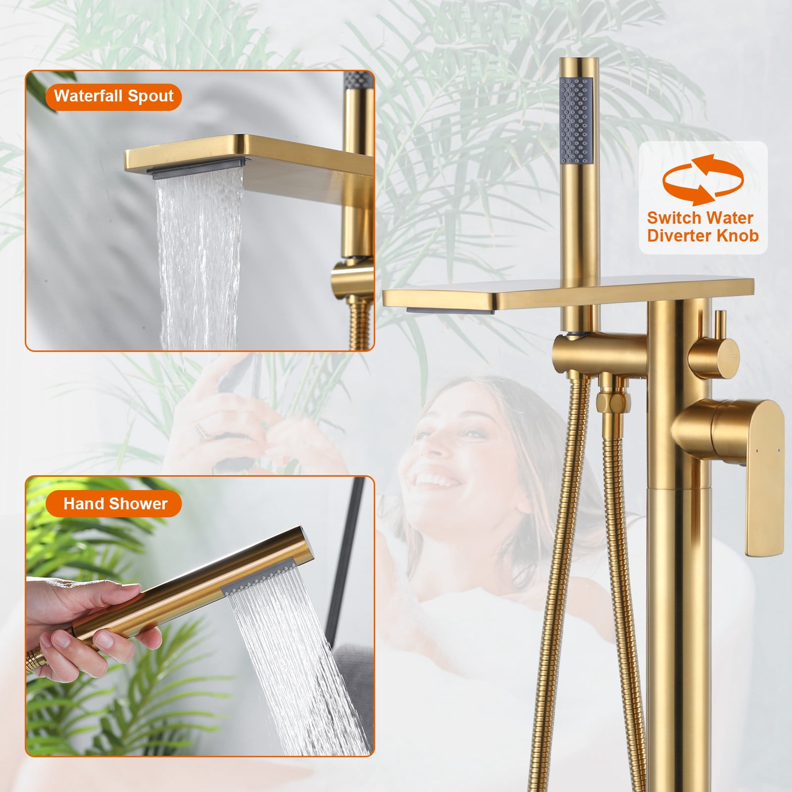 Wowow Brass Freestanding Bathtub Faucet Single-Handle Floor Mount Claw Foot Tub Faucet with Hand Shower in Gold