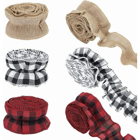 6 Rolls Ruffled Burlap Ribbon 3 Styles Christmas Tree Ribbon Garland Borders Trim 2 Inches Wide Red and Black Checked Burlap for Christmas Tree Gift Wrapping Crafts Decoration