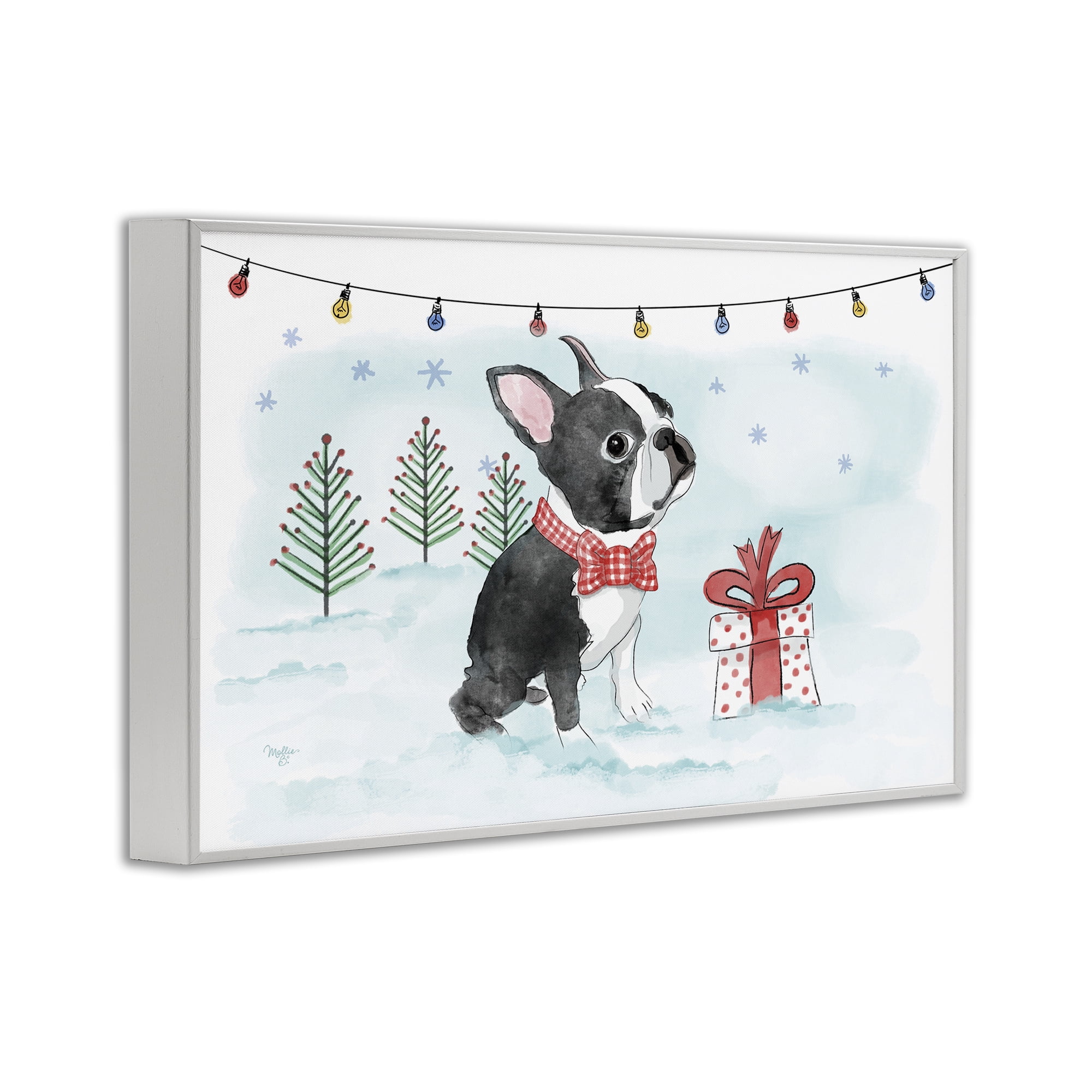 Stupell Industries Snowy Boston Terrier Holiday Painting White Framed Art Prints Wall Art, 18 x 12