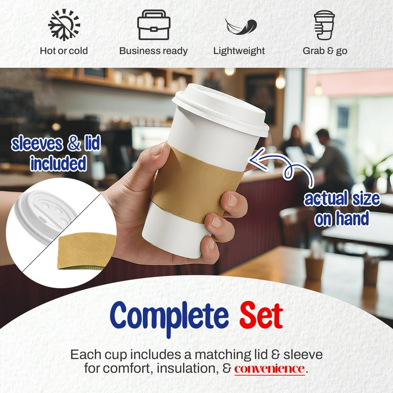 MT Products Disposable Paper Coffee Cups with Lid & Sleeve 16 oz - Pack of 30