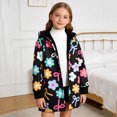 thumbnail image 4 of lnmuld Girls Flower Bow Print Plush Lined Hooded Coat Button Front Elastic Cuff Warm Casual Winter Outerwear for Kids Black,9-10 Years, 4 of 7