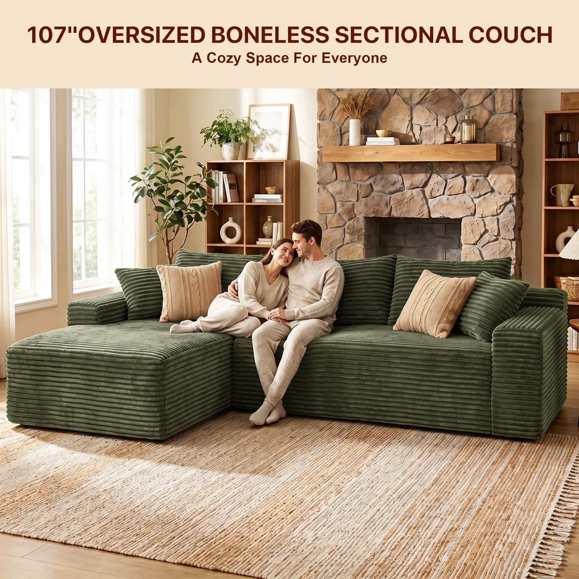 Aukfa 108" Cloud Sectional Boneless Couch Oversized Modular L-Shaped Sofa for Living Room, Left Chaise, Corduroy, Green