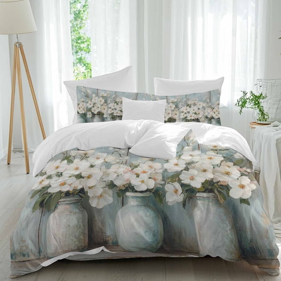 White Camellia 4 piece Duvet Cover Set, Comfort Bedding Set Queen Size Include a Duvet Cover, a Bed Sheet, 2 Pillowcase with Zipper for All Season