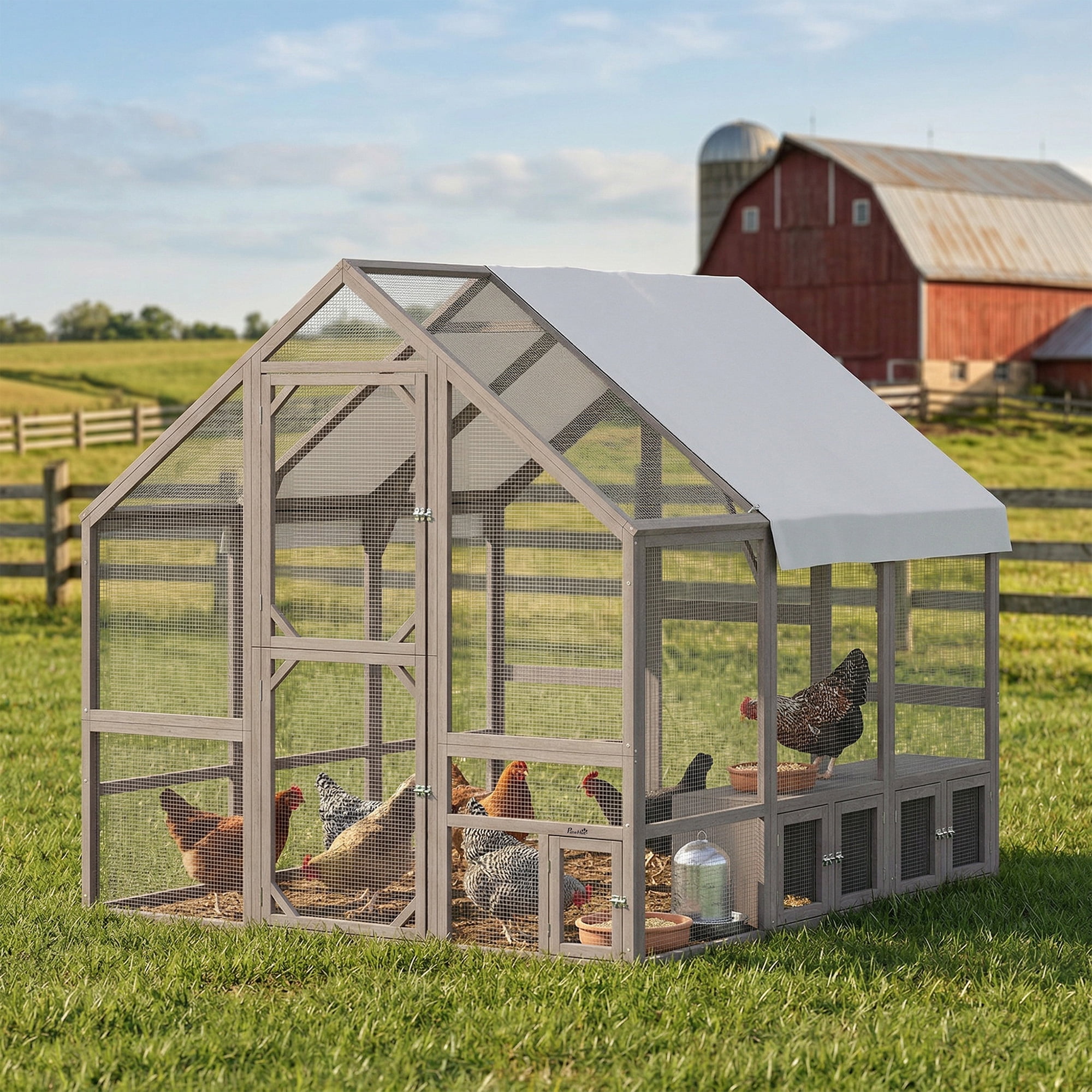 PawHut Large Wooden Chicken Coop for 8-10 Hens, Walk-in Chicken Run with Waterproof Cover, Nesting Boxes and Perches